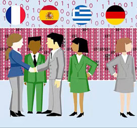 Cartoon graphic of people around the world in a global exchange